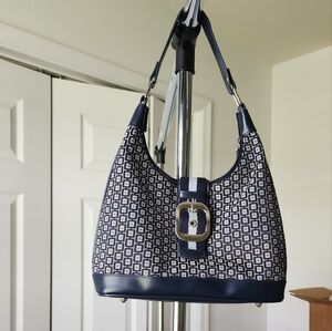 Y2K shoulder hobo bag patterned with faux blue pu leather and front buckle